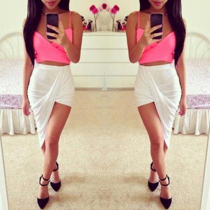 White Ruched High Low Asymmetrical Stretchy Skirt..