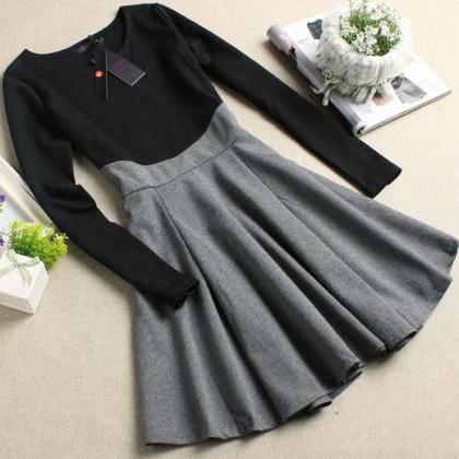 Black/gray Long Sleeves Skater Dress