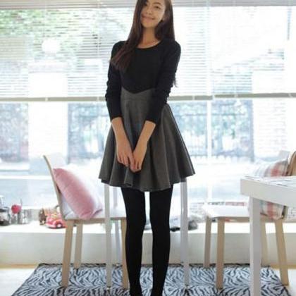 Black/gray Long Sleeves Skater Dress