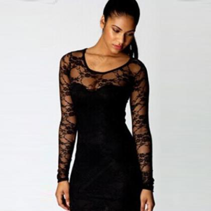 Sexy Lace Spliced Long Sleeve Round Neck Slim Fit..