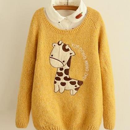 Cute Giraffe Embroidery Applique Sweater