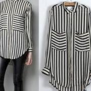 Black White Vertical Stripe Long Sleeve Shirt Chiffon Blouse