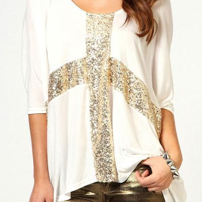 Cool Sequined Round Neck Sleeve Cotton T-Shirt