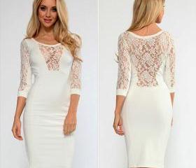 Sexy Hollow Out Lace Spliced Sleeve Package Hip Dress On Luulla