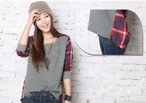 Plaid Splicing Long Sleeves Cotton Blend T-Shirt on Luulla