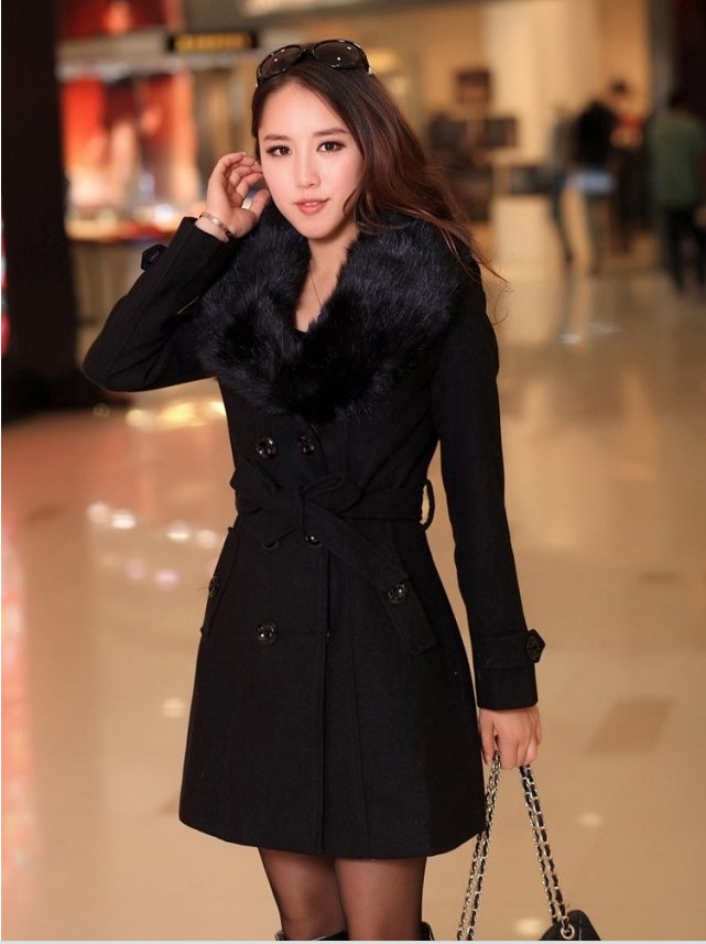 Elegant Fur Collar Double Breasted Long Coat