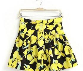 Folk Style Contrast Color Overall Flower Print Pleated Skirt