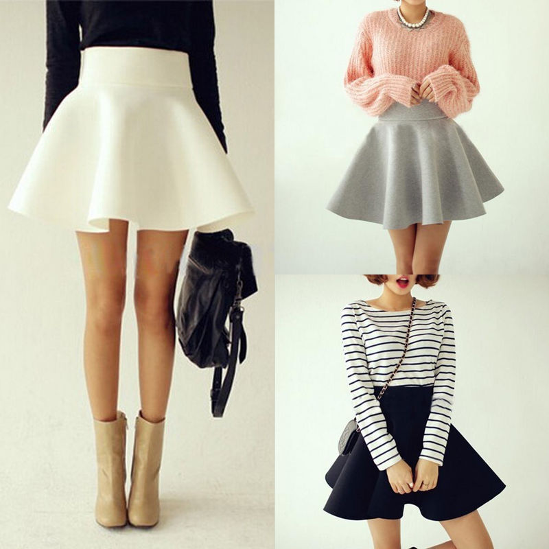 Vintage Women Stretch High Waist Short Plain Skater Flared Pleated Mini  Skirt on Luulla