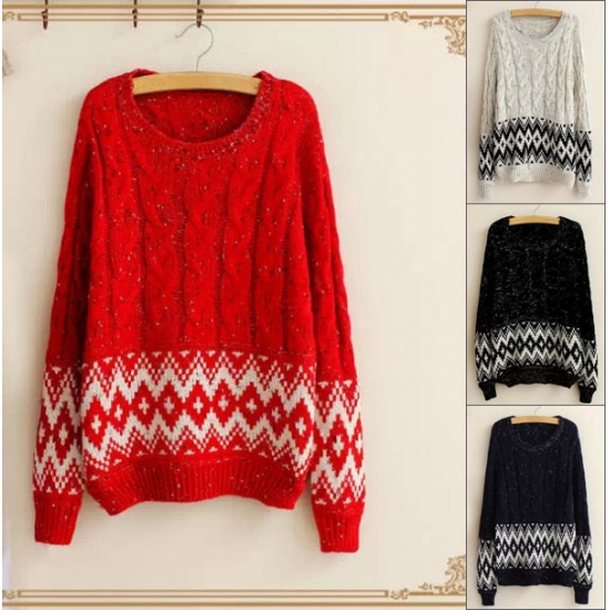 High Quality Women's Rhombus Print Long Sleeves Pullover Round Neck Loose Knitting Sweater Pwo7iv7y0a5v66k63mols