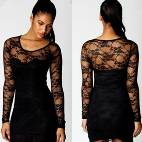 Sexy Lace Spliced Long Sleeve Round Neck Slim Fit Dress [gzxy0443]
