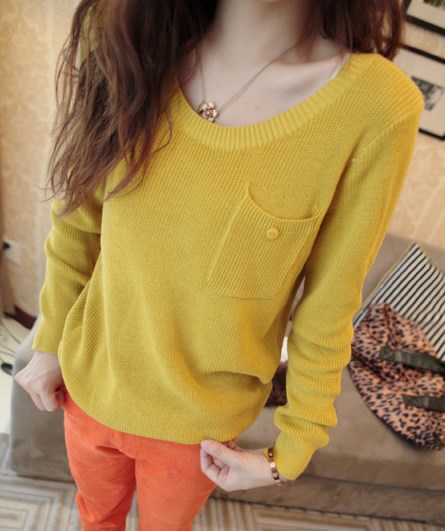 Autumn All-match Gentle Pocket Knitted Basic Shirt Female Slim Long-sleeve Tops Women Sweater