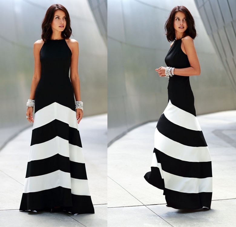 Temperament Black And White Stripe Mosaic Fashion Long Dress