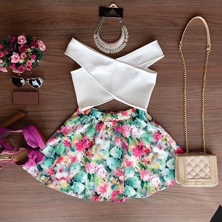 Off Shoulder Crop Top Floral Skirt Set on Luulla