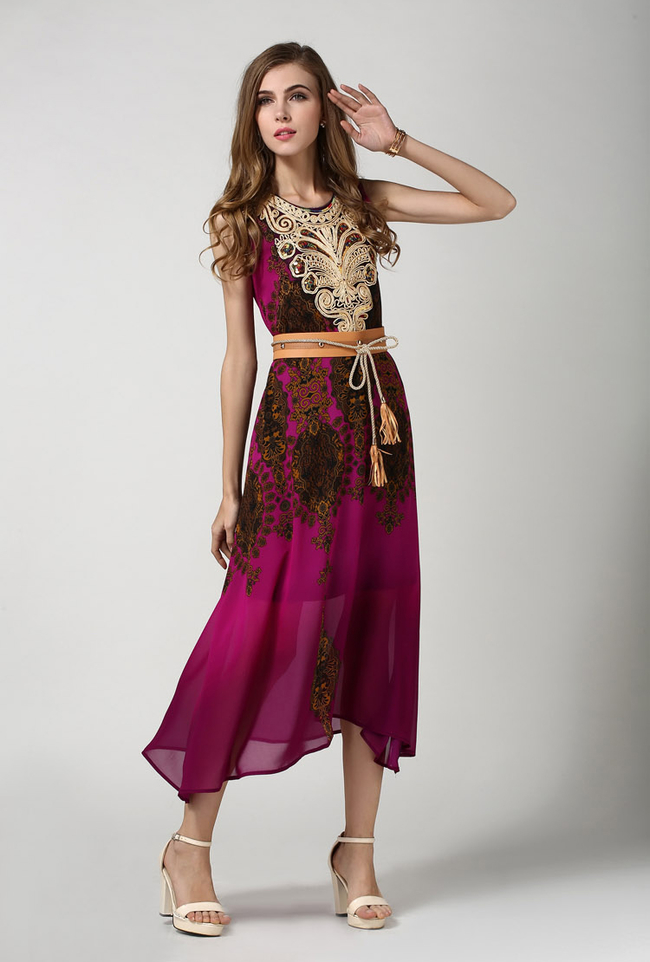 Vintage Style Ethnic Print Sequins Decorated Embroidery Sleeveless Elegant Dress With Belt
