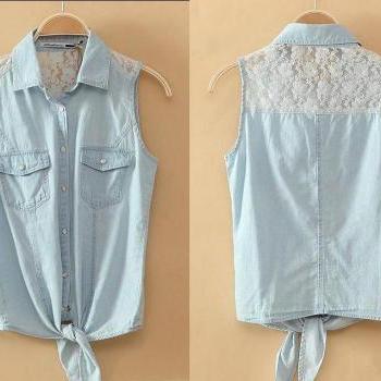 Denim Button-Up Shirt With Lace on Luulla