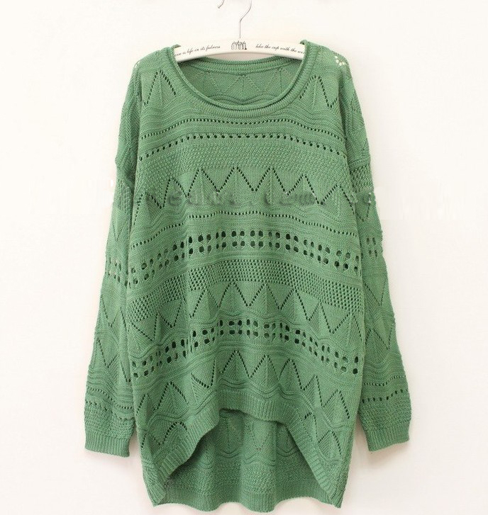 Green Curved Hum Knit Holey Texture Sweater on Luulla