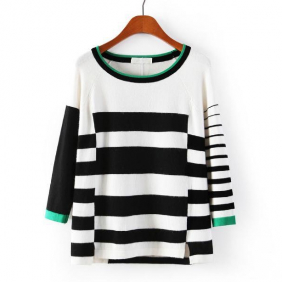 Fashion Color Block Round Neck Knitting Striped Sweater ...